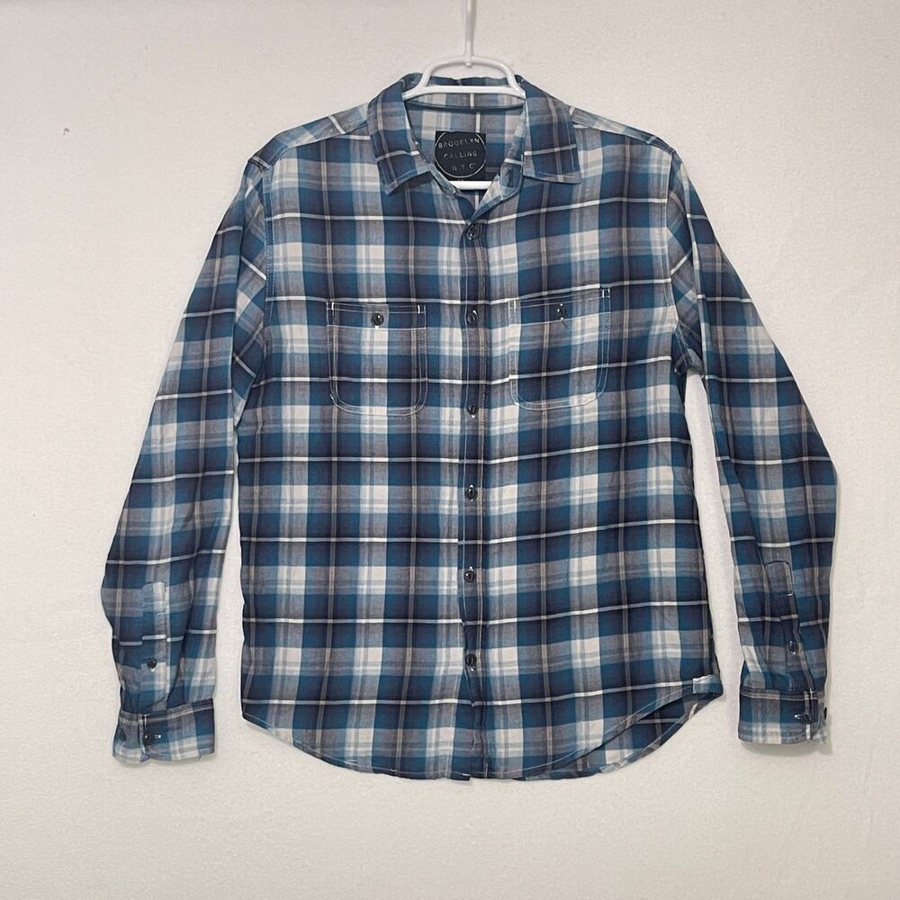 Brooklyn Calling NYC Button Down Shirt Mens Small Blue White Plaid Long Sleeve